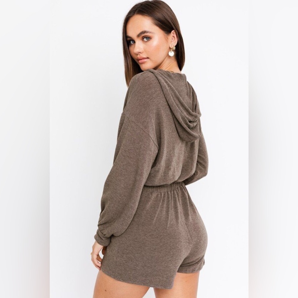 Hoodie Zipper Romper Brown Long Sleeve